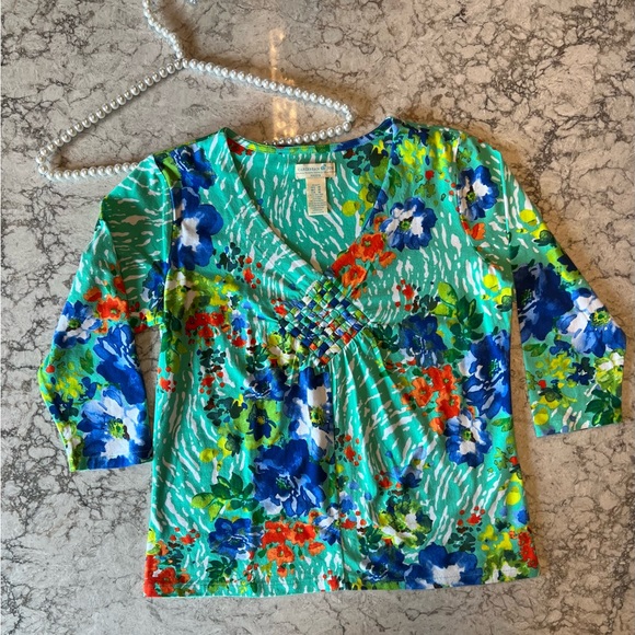 Caribbean Joe Tops - Caribbean Joe Island Supply Co. 3/4 Sleeve Floral Top - Size Midiem